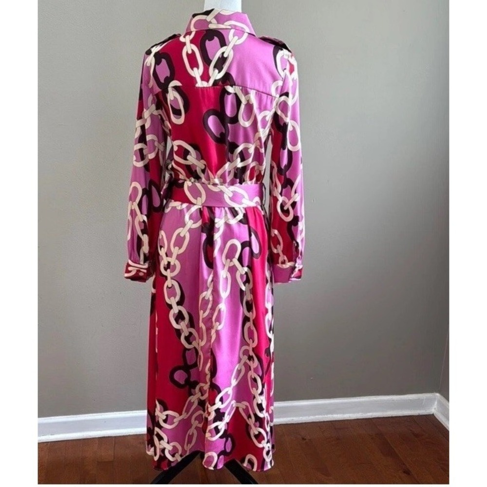 Zara Pink and Red Chain Print Ivory Enamel Button Satin Shirt Dress Size large - Picture 5 of 9
